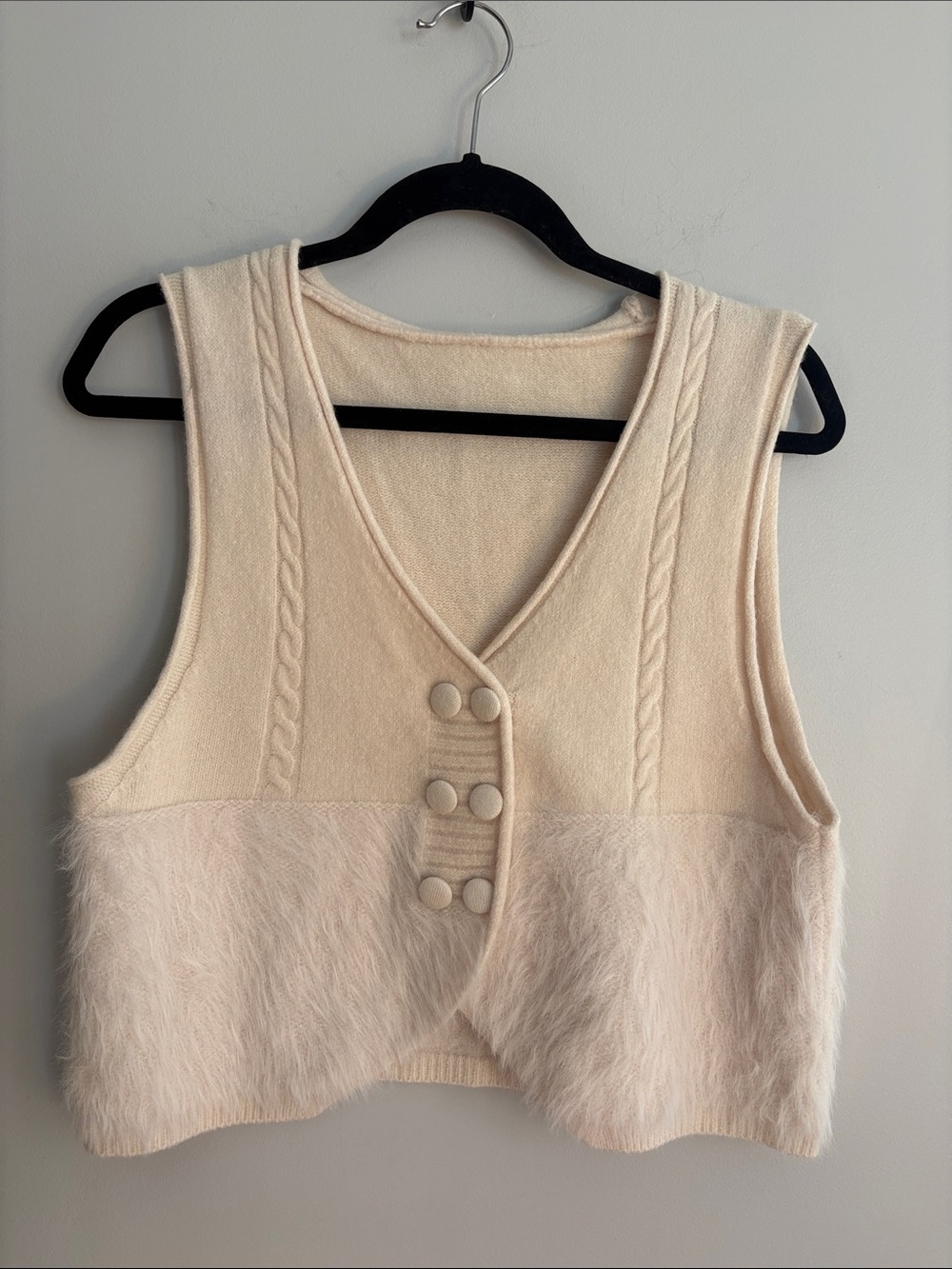 Cream Faux-Fur Trim Crop Vest with Covered Buttons